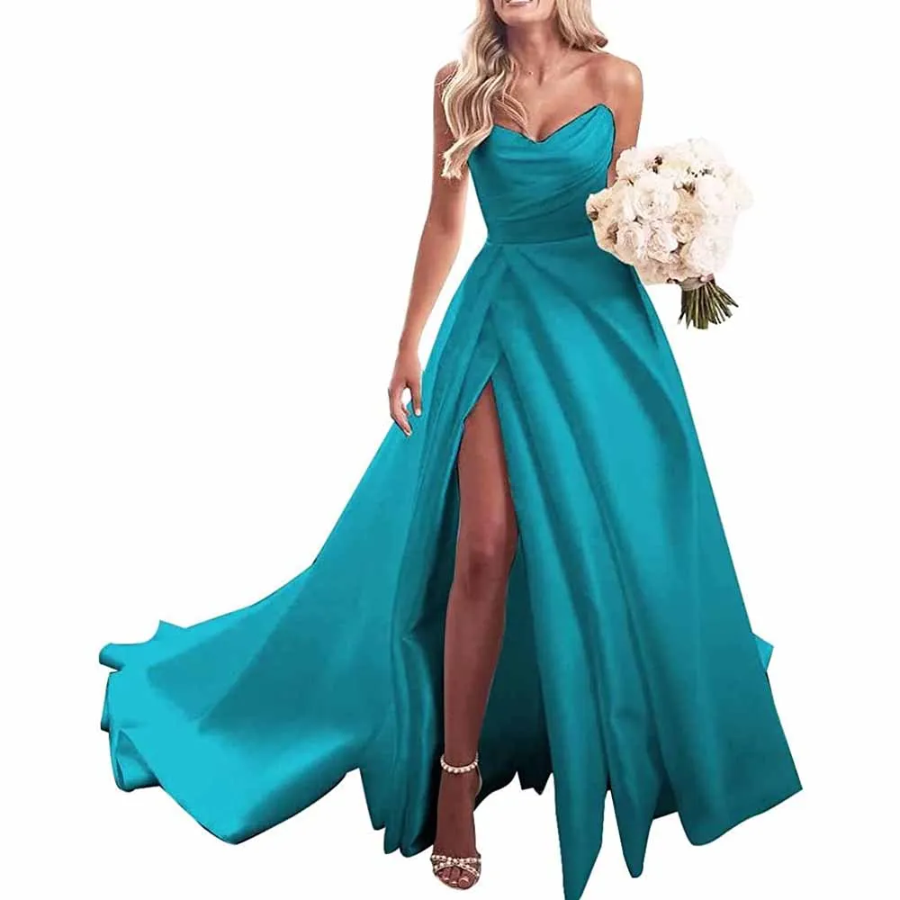 Strapless Prom Dress Ball Gown Wedding Dress Plus Size Satin A Line Formal Evening Gowns