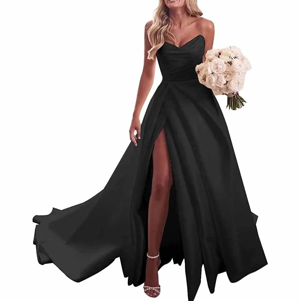 Strapless Prom Dress Ball Gown Wedding Dress Plus Size Satin A Line Formal Evening Gowns