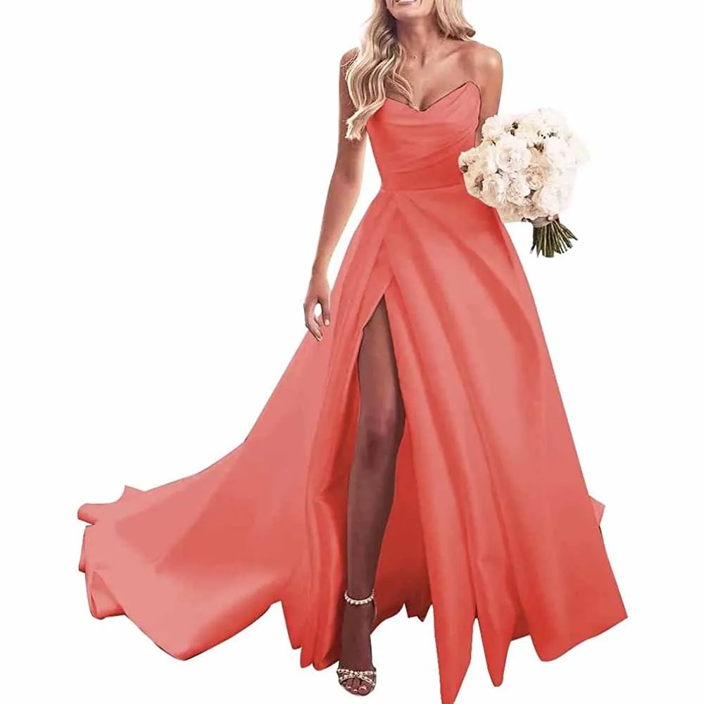 Strapless Prom Dress Ball Gown Wedding Dress Plus Size Satin A Line Formal Evening Gowns