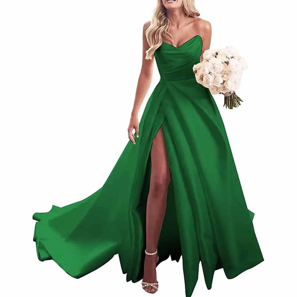 Strapless Prom Dress Ball Gown Wedding Dress Plus Size Satin A Line Formal Evening Gowns