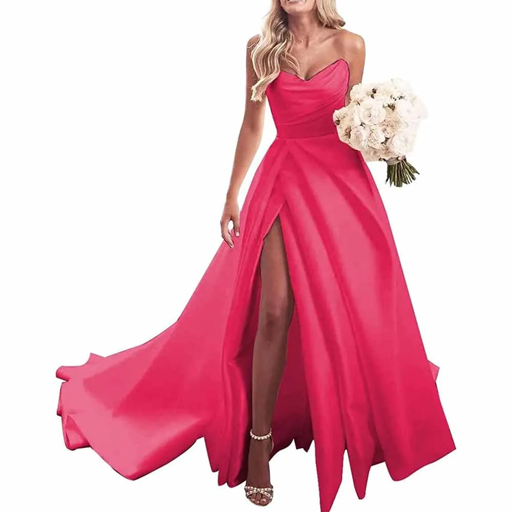 Strapless Prom Dress Ball Gown Wedding Dress Plus Size Satin A Line Formal Evening Gowns