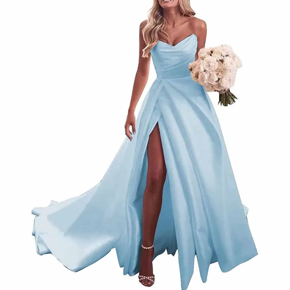 Strapless Prom Dress Ball Gown Wedding Dress Plus Size Satin A Line Formal Evening Gowns