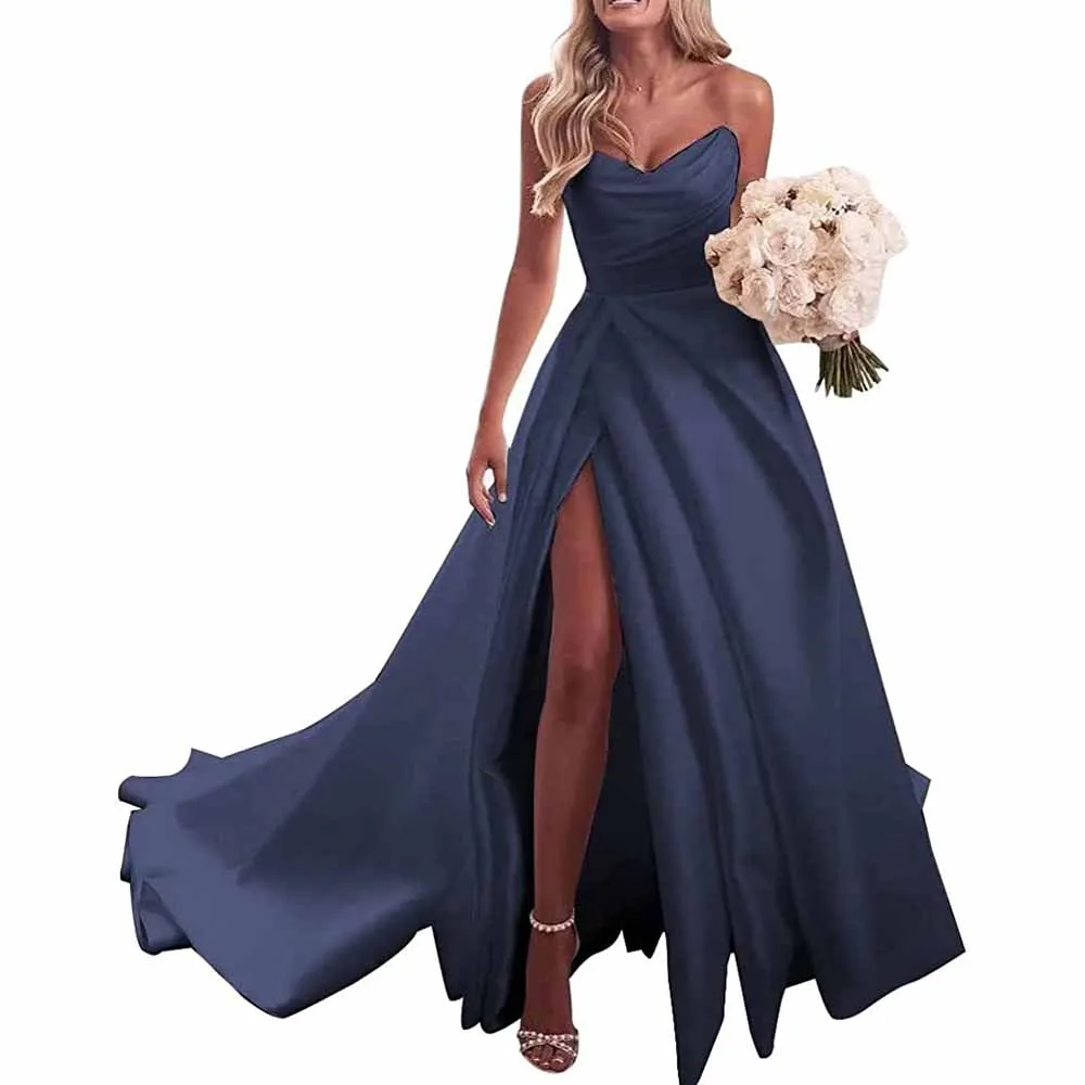 Strapless Prom Dress Ball Gown Wedding Dress Plus Size Satin A Line Formal Evening Gowns