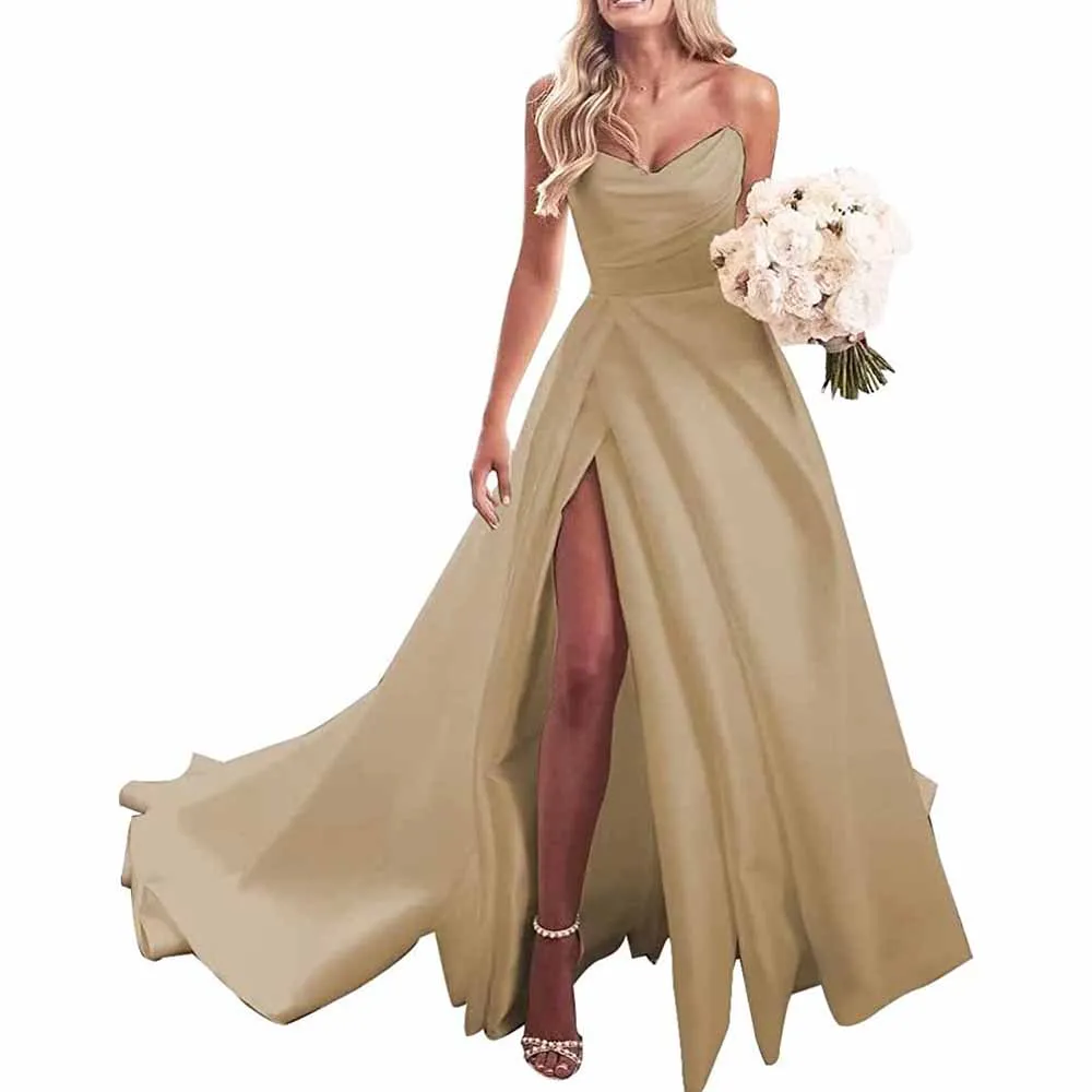 Strapless Prom Dress Ball Gown Wedding Dress Plus Size Satin A Line Formal Evening Gowns