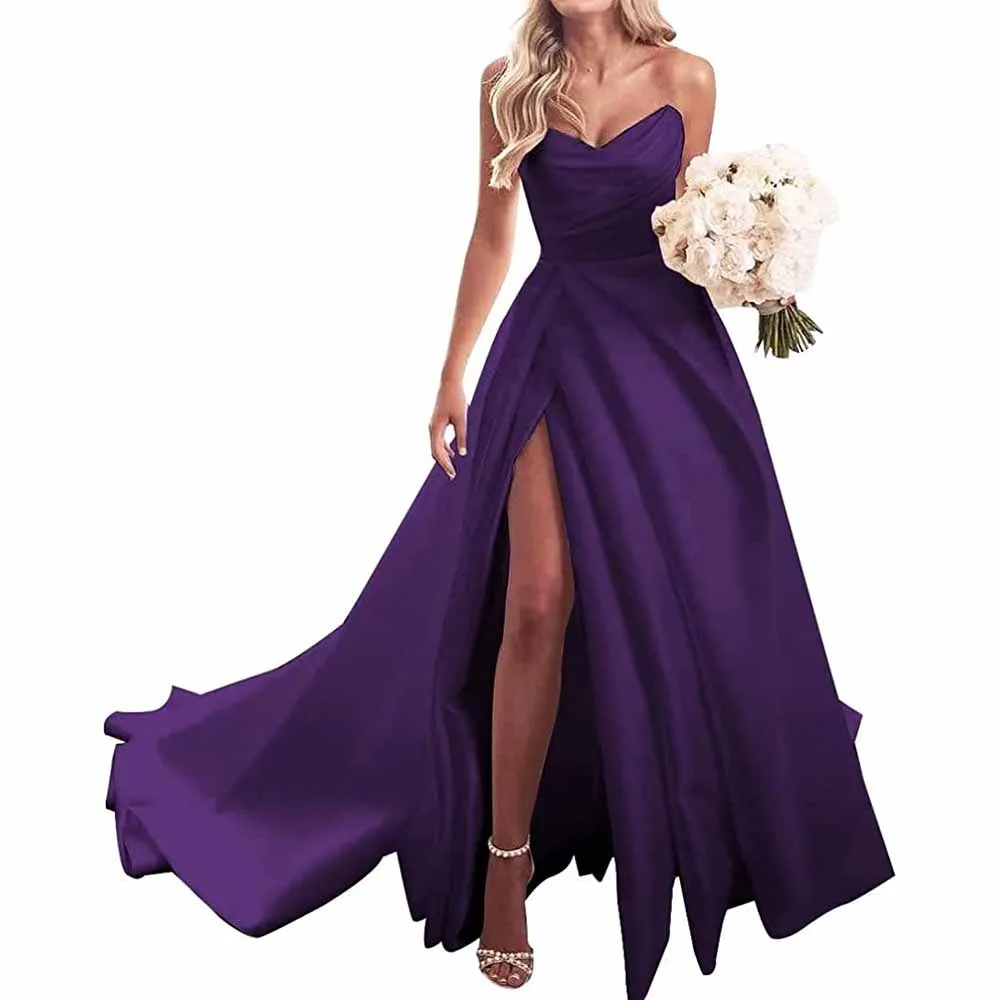 Strapless Prom Dress Ball Gown Wedding Dress Plus Size Satin A Line Formal Evening Gowns