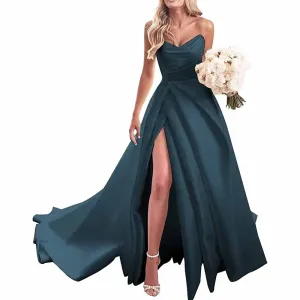 Strapless Prom Dress Ball Gown Wedding Dress Plus Size Satin A Line Formal Evening Gowns