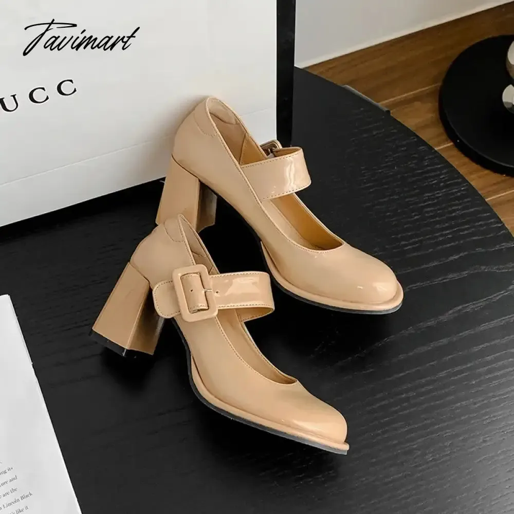 Tavimart Round Toe Retro Women Shoes Sandals Ladies Beige High Heels Sexy Pump Mary Jane Sweet Patent Leather African 12cm Block Cro