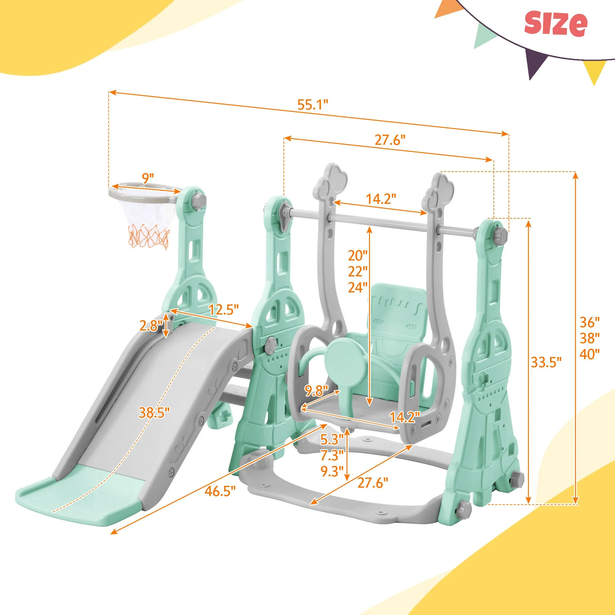 Toddler 3-in-1 Slide and Swing Set: Indoor & Outdoor Playground with Climber and Basketball Hoop