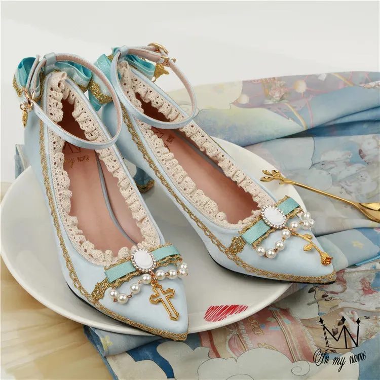 Uniwim Princess tea party kawaii  court retro lace bowknot shallow mouth lolita high heel pointed pearl elegant women shoes loli cos