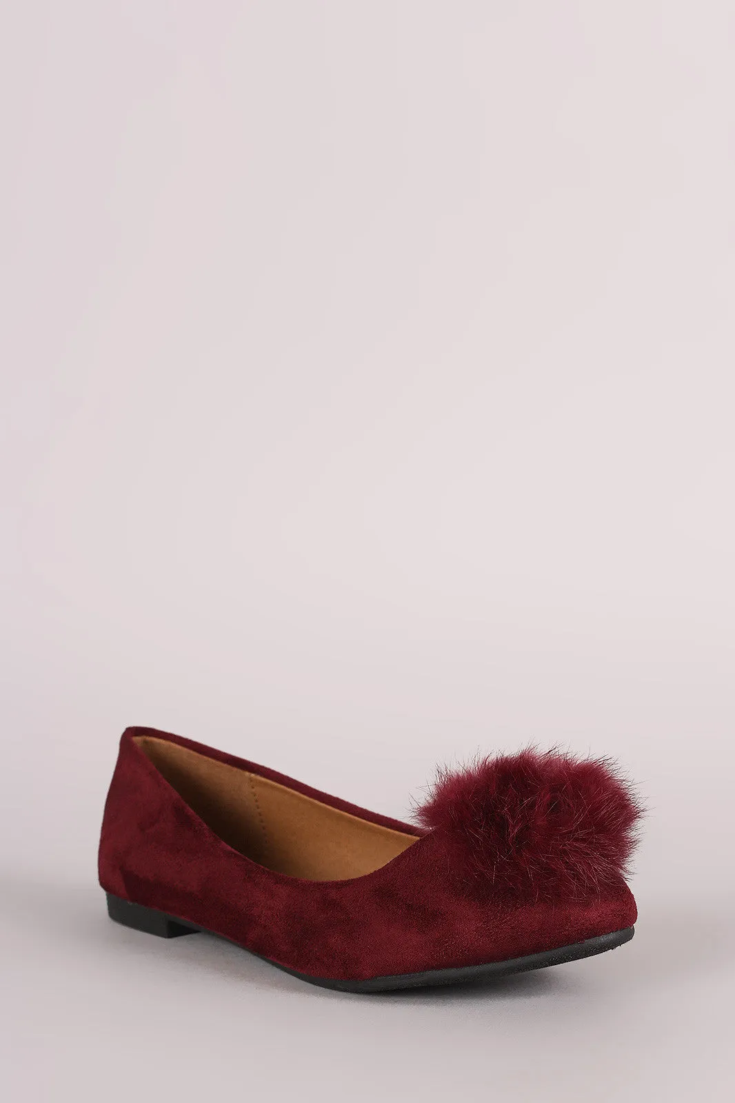 Vegan Suede Furry Pom Pom Ballet Flat