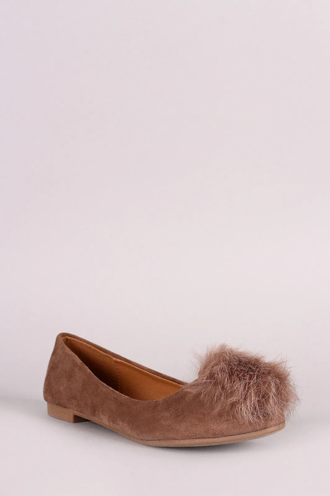 Vegan Suede Furry Pom Pom Ballet Flat