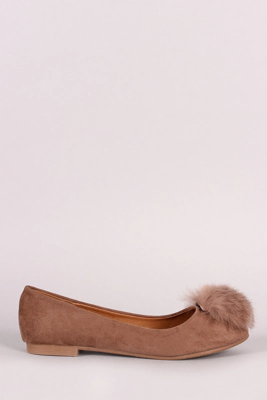 Vegan Suede Furry Pom Pom Ballet Flat