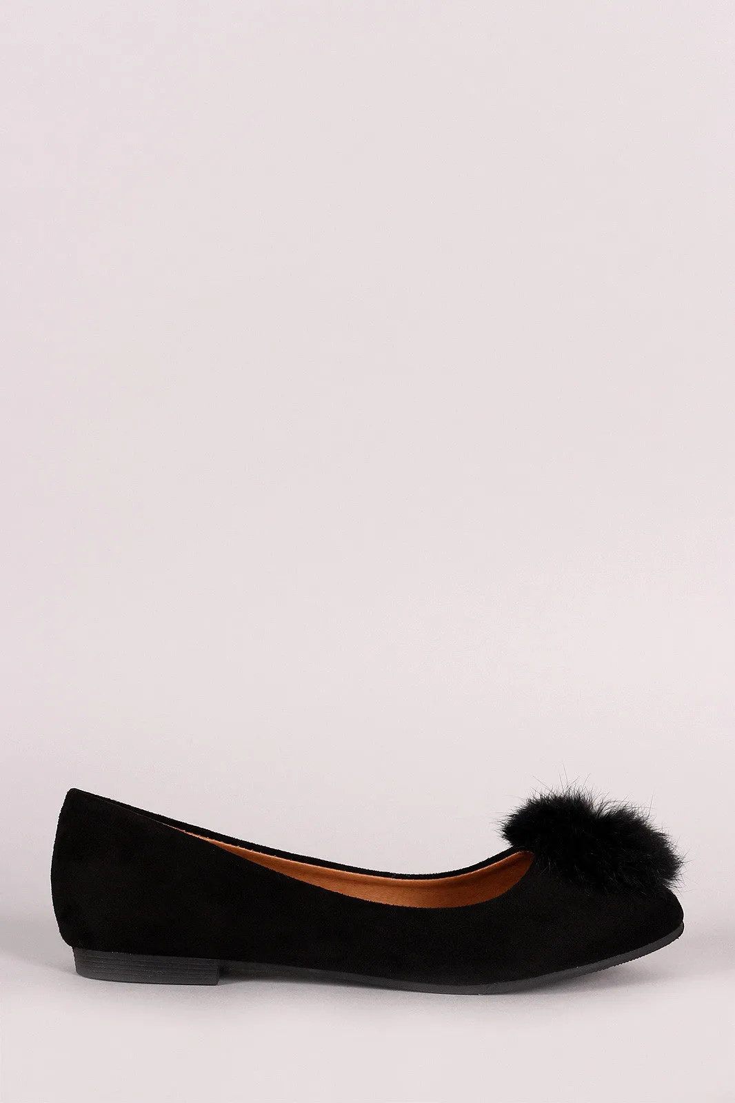 Vegan Suede Furry Pom Pom Ballet Flat