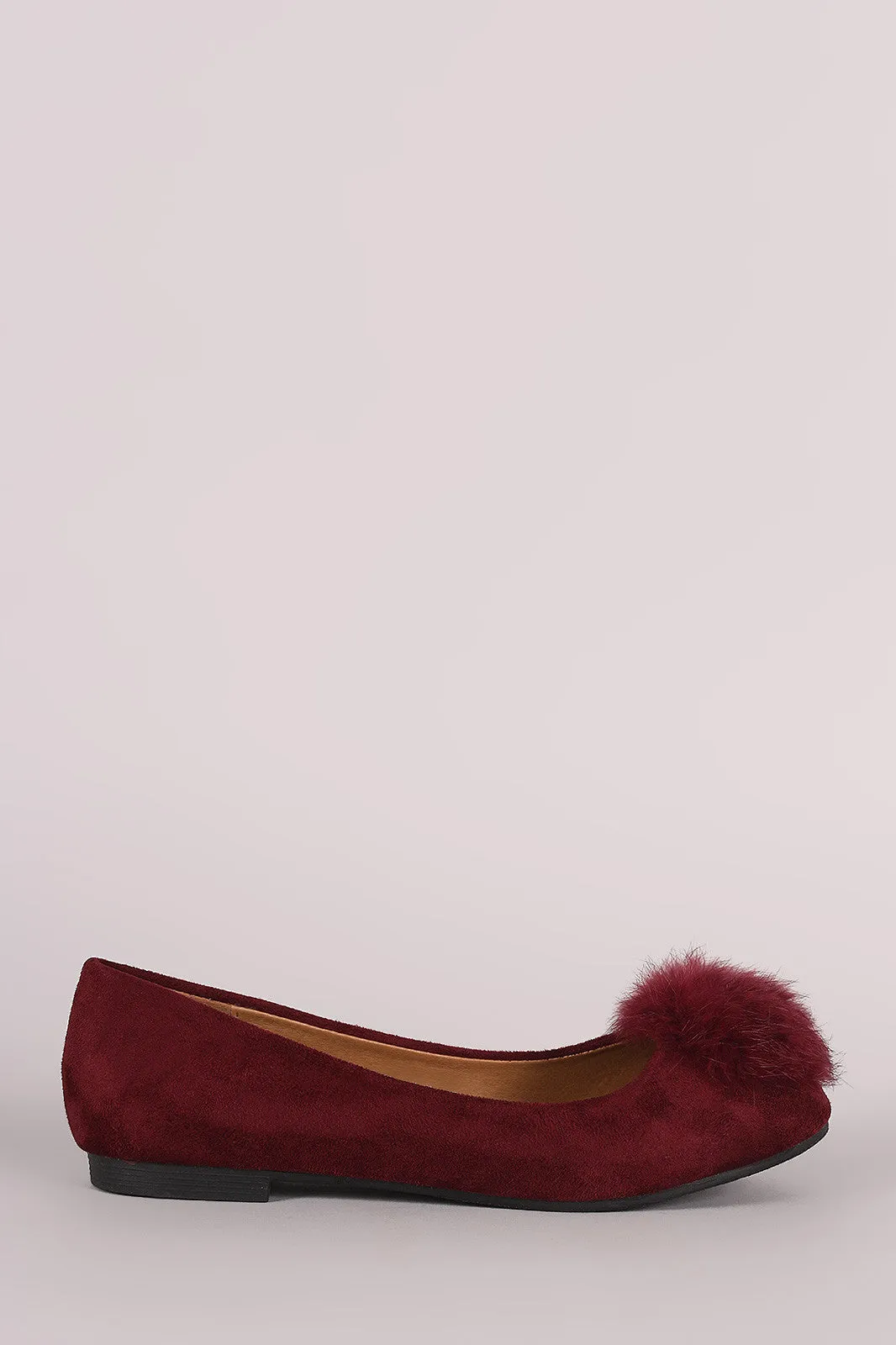 Vegan Suede Furry Pom Pom Ballet Flat