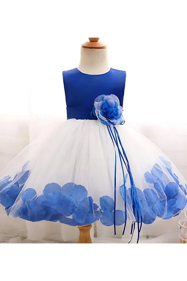 White and Blue Ball Gown Sleeveless Long Flower Girl Dress With Blue Flowers Sash F065