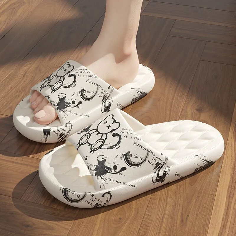 Women's Cute Cartoon Print Cloud Slides Super Soft Sole Open Toe EVA Indoor & Outdoor Beach Slides