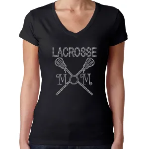 Womens T-Shirt Bling Black Fitted Tee Lacrosse Mom Stick