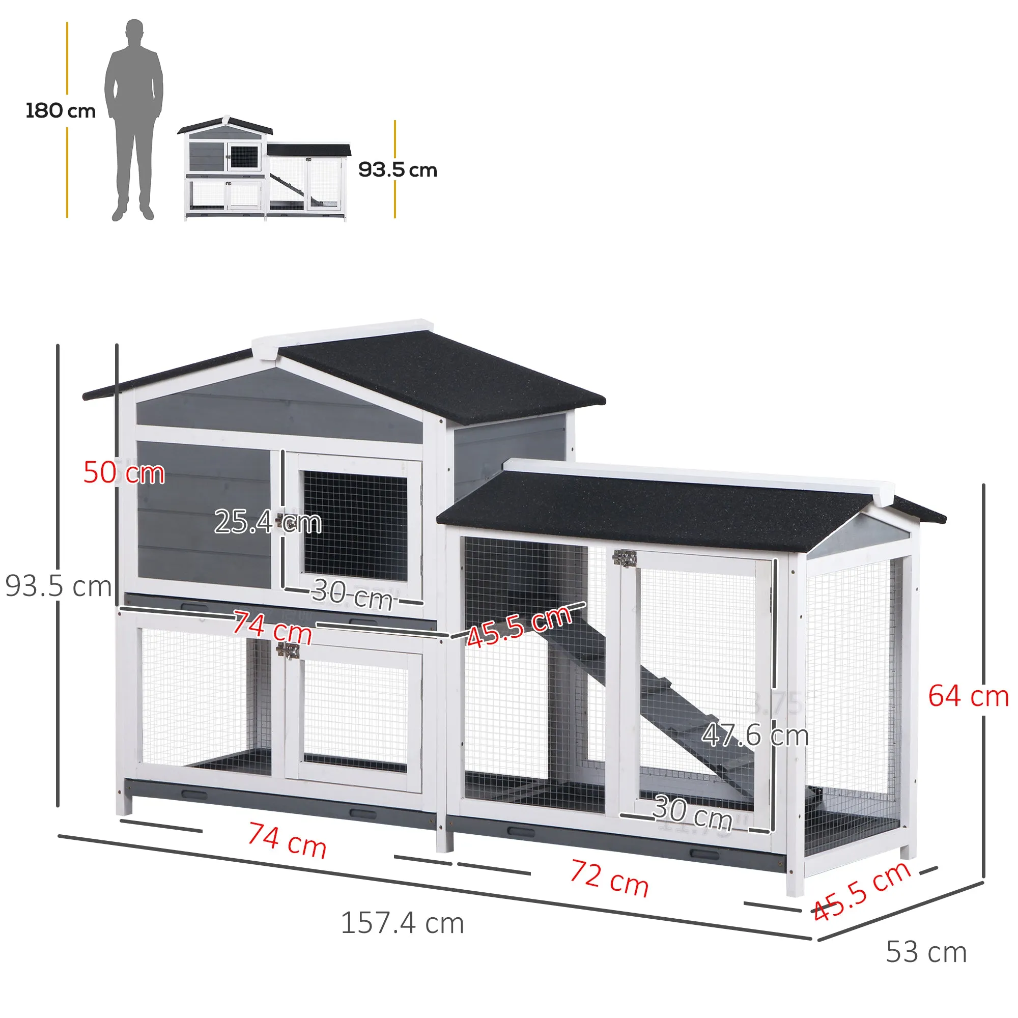 Wooden 2-Tier Rabbit Hutch w/ Tray Ramp Grey