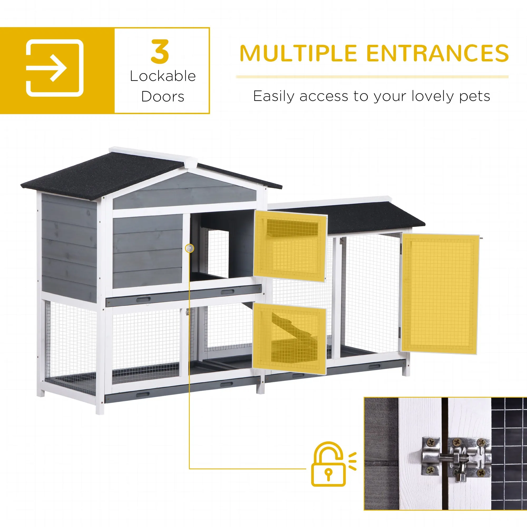 Wooden 2-Tier Rabbit Hutch w/ Tray Ramp Grey