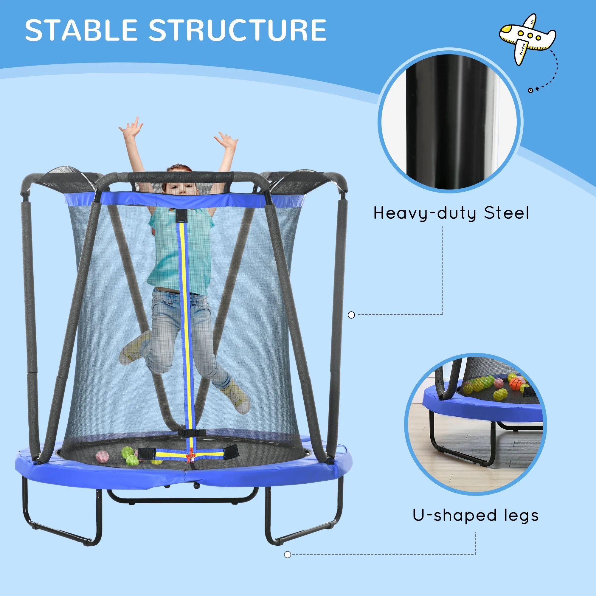 ZONEKIZ 4.6 FT Kids Trampoline with Enclosure, Basketball, Sea Balls, Blue